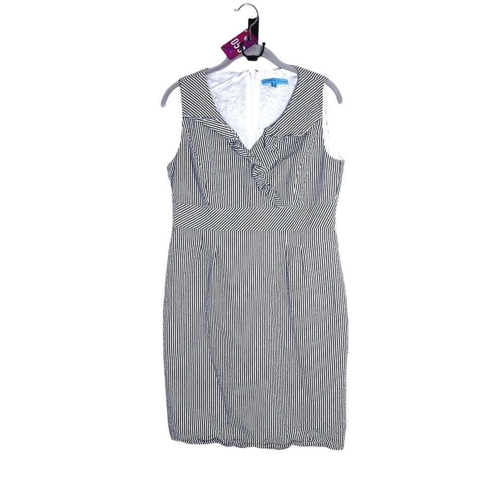 ANTONIO MELANI Striped Sheath Dress Size 10 Gray White V-Neck Sleeeless